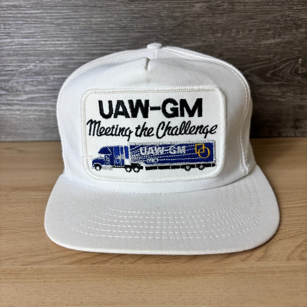 Vintage UAW GM Hat Cap Strap Back White Rope Trucker Trucking Patch 80s